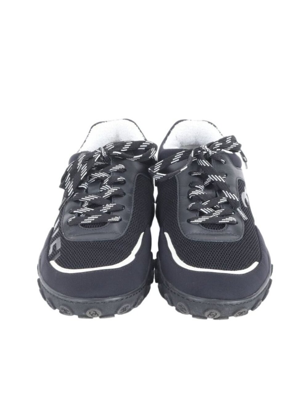 Chanel CC Logo Leather Low Cut Sneakers Lace Up Shoes Flat - Picture 2 of 8